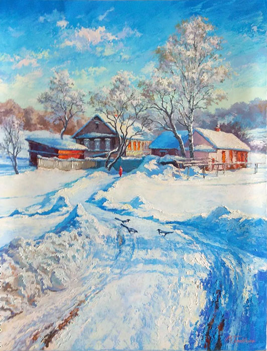 Сороки, Михаил Бровкин- картина, зимний пейзаж, домики в деревне, снег, березки