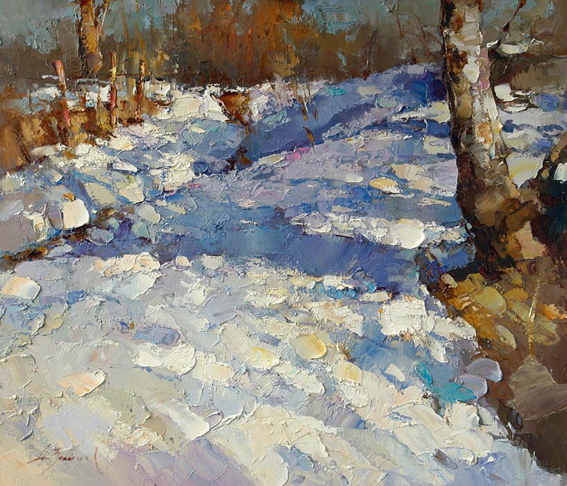 Апрельское солнце, Алексей Зайцев- живопись, тающий снег, овраг, зимний весенний пейзаж