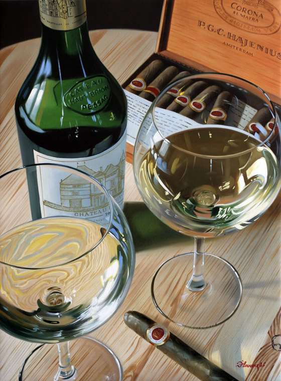 Голландские сигары, Дмитрий Анненков- натюрморт в стиле гиперреализм, вино, сигары, бокалы