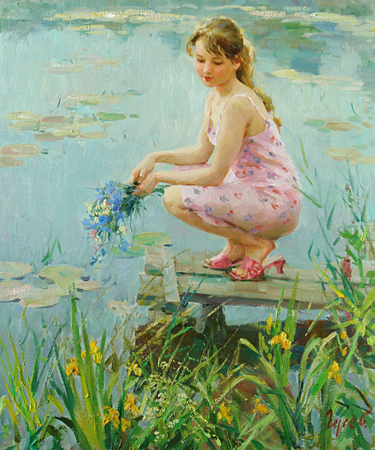 На мостике, Владимир Гусев- картина, девушка, летний день, мостик у реки, букет цветов