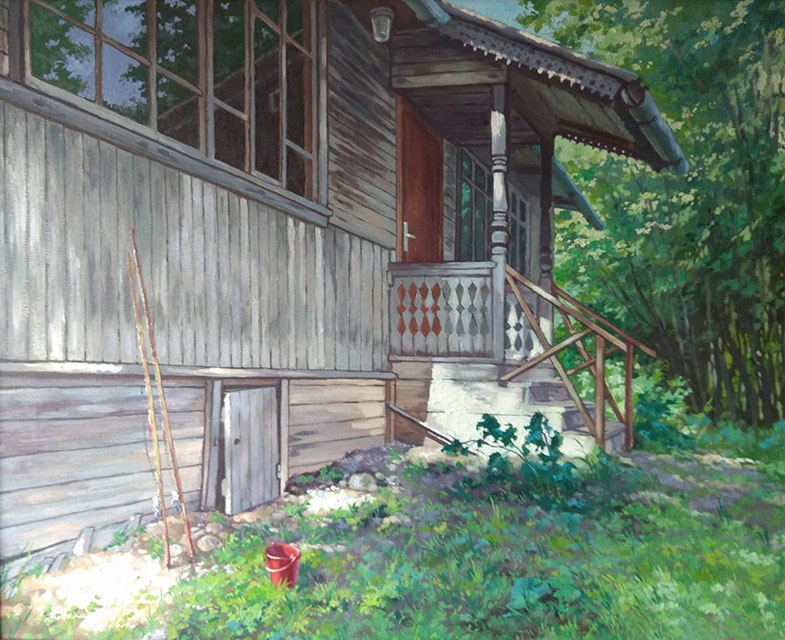Пора на рыбалку, Михаил Бровкин- картина, домик, летний день, деревенский пейзаж