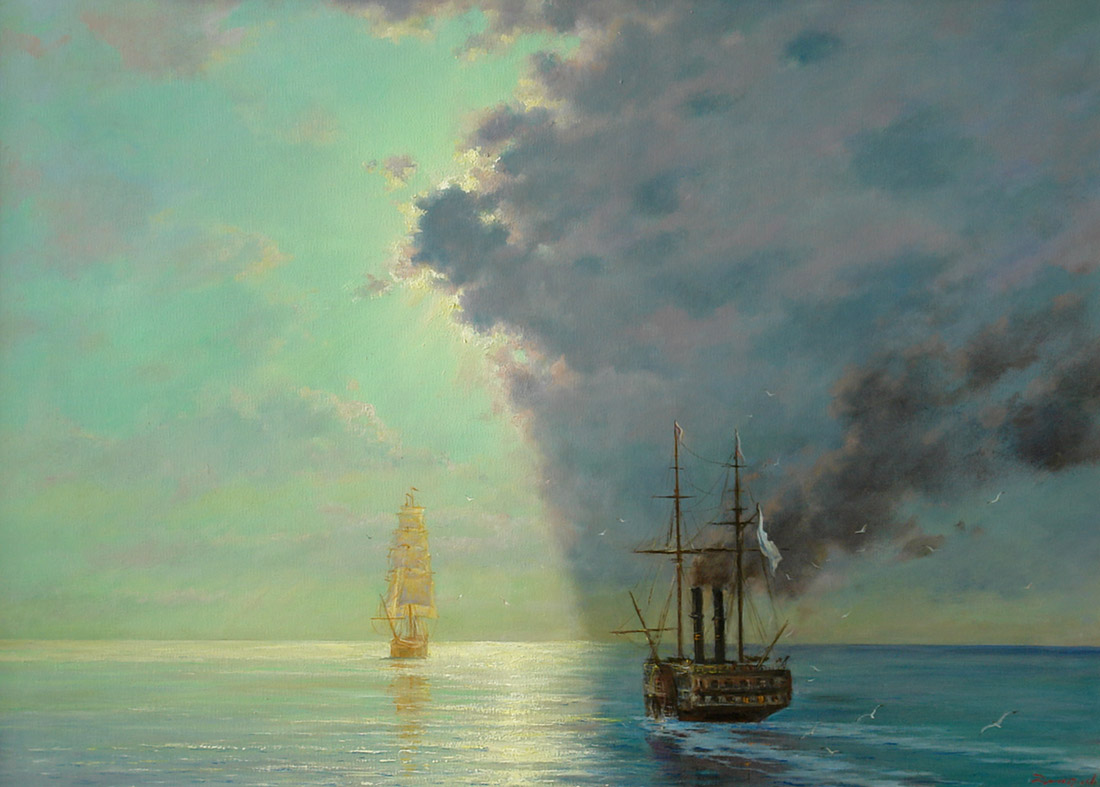 A meeting, George Dmitriev- painting, sea, ships, seagulls, calm, seascape, realism