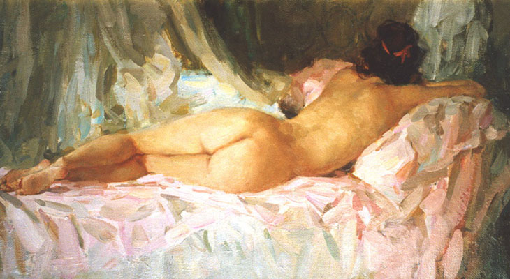 Naked beauty, Vladimir Gusev- painting, naked girl, morning, impressionism