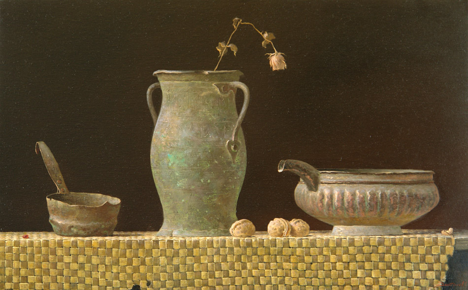 Still-life with the dry rose, George Dmitriev- painting, vintage glassware, jug, realism