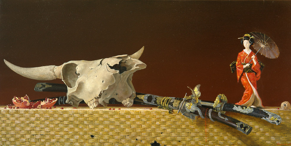 The butterfly, George Dmitriev- painting, Japanese sword, pomegranate, geisha, still life