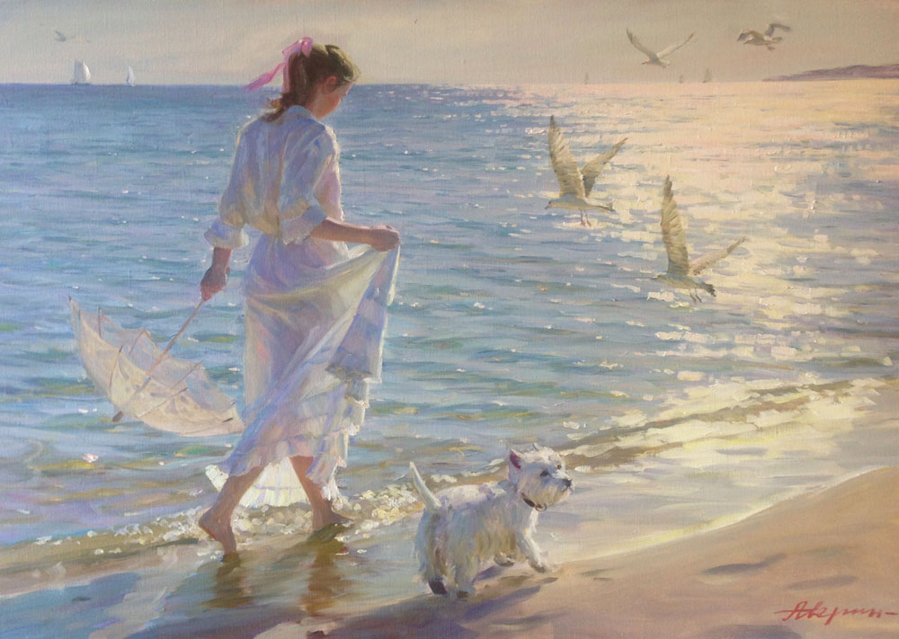 На прогулке, Александр Аверин- картина, девушка с зонтиком, морской берег, чайки, болонка