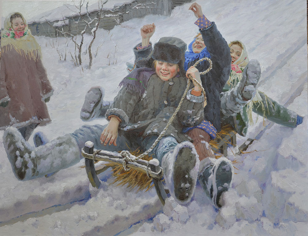 On the Carnival, Evgeny Balakshin- painting sledding down the hills, Russian genre painting