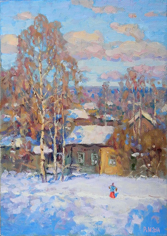 March sun, Rem Saifulmulukov- painting, spring, Russian village, birch trees, realism