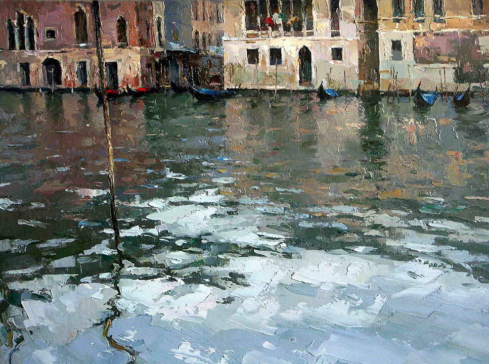 Reflection (to order), Alexi Zaitsev- Venetian landscape, impressionism, boats, houses on the wate