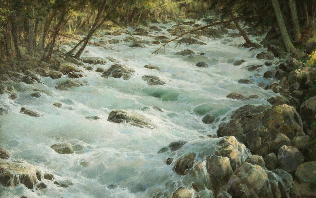 Горная река Адыр-Су, Георгий Дмитриев- пейзаж с речкой, картина, камни, деревья, голубая вода