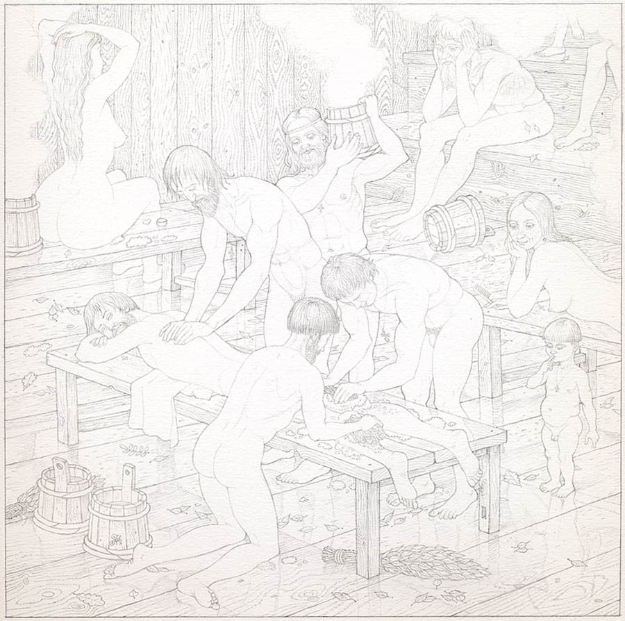 Перед поездкой в Лондон (Левша), Александр Мухин-Чебоксарский- картина в бане акварель, голые мужики и бабы