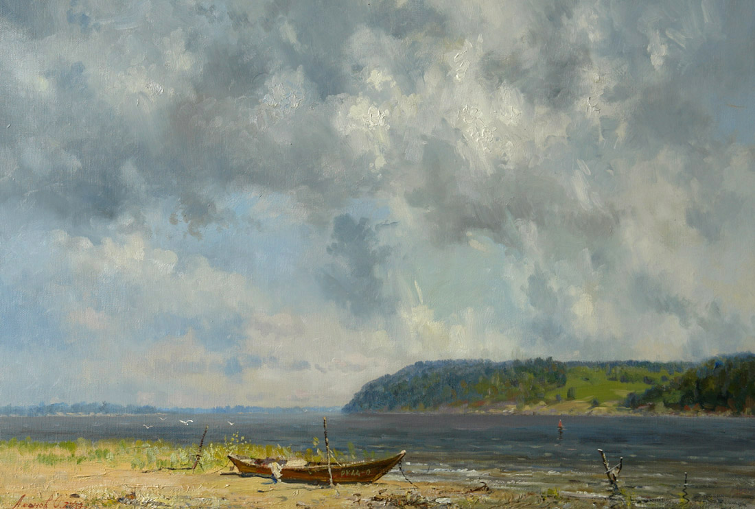 Coast. Before a tunder-storm, Oleg Leonov- painting, river, stormy sky, boat on the beach, landscape