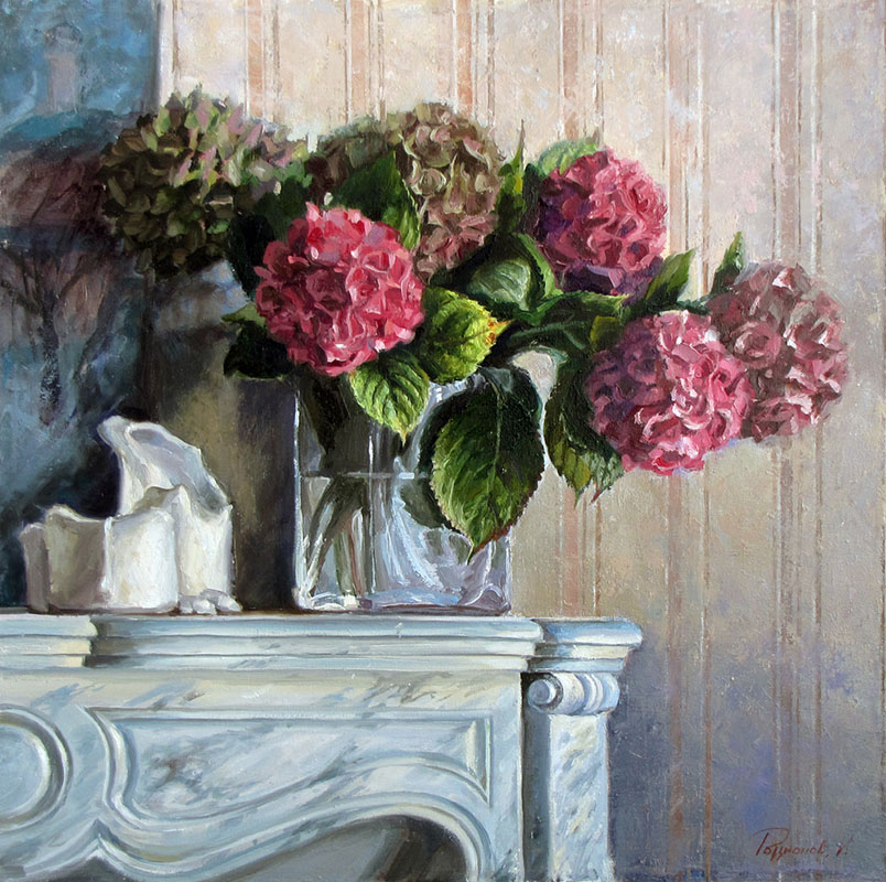 Hydrangeas on the mantelpiece, Igor Rodionov