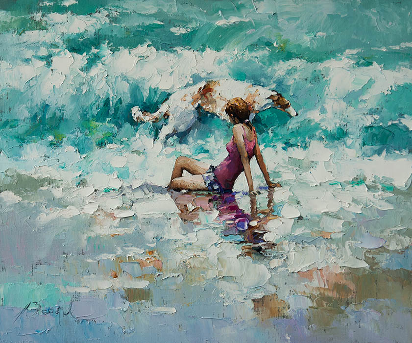 Воспоминание о лете, Алексей Зайцев- морские волны, гончая собака, сидящая девушка, картина