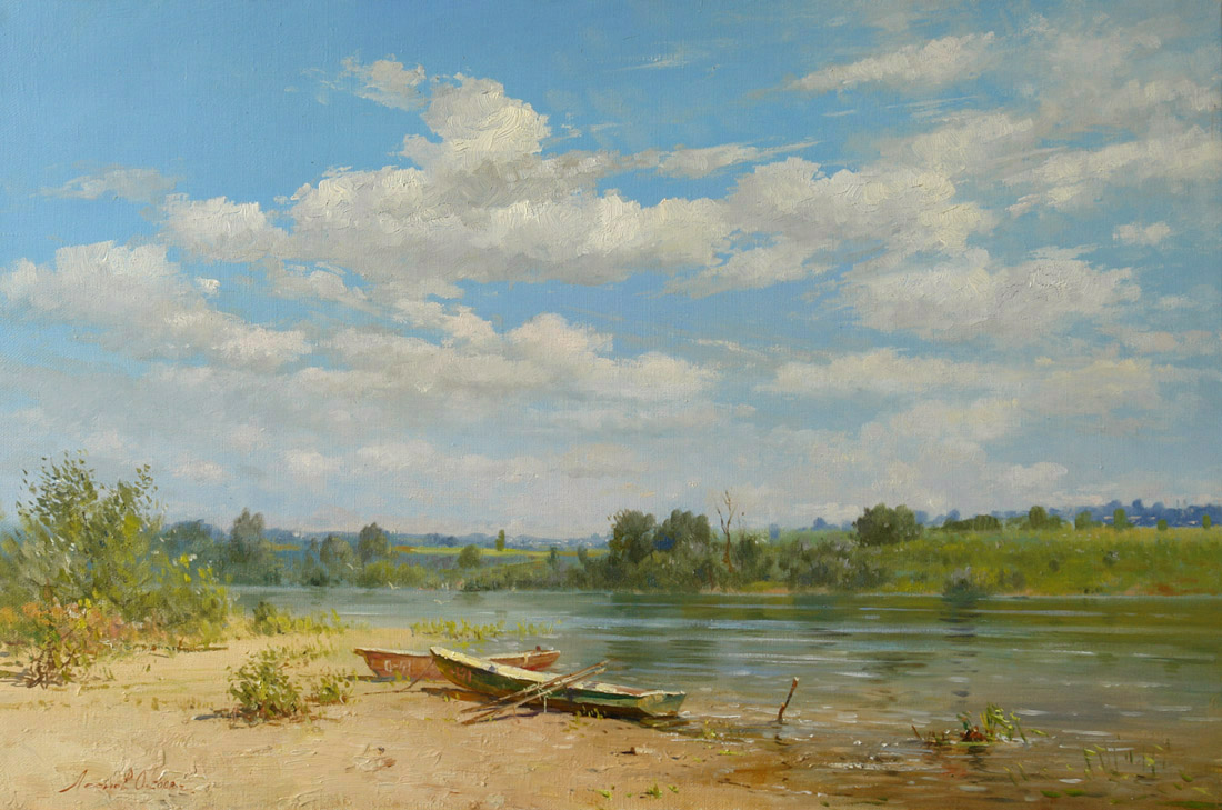 Summer day on the r.Oka, Oleg Leonov- painting, summer, river, boats on the shore, cloudy sky