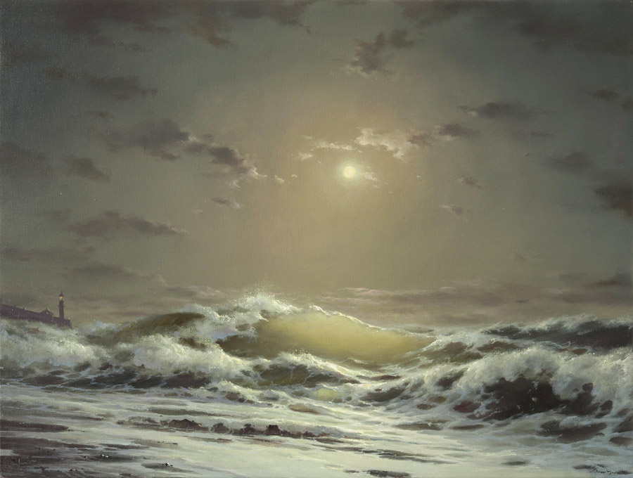 Moon and waves, George Dmitriev- painting, seascape, storm, big waves, lighthouse, cloudy sky