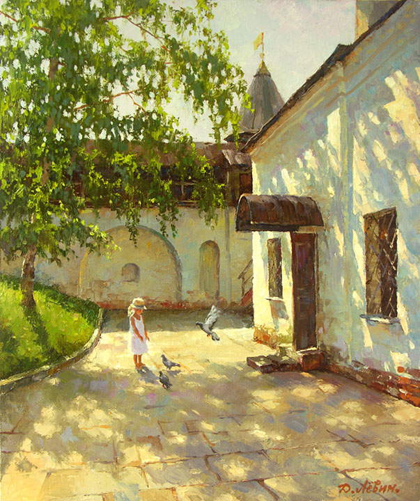 In the Spas-Andronnikov monastyr, Dmitry Levin- girl in hat, pigeons, courtyard, painting, realism