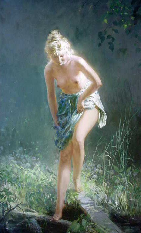 У ручья, Олег Леонов- Картина, обнаженная девушка, женская красота на картине,ню