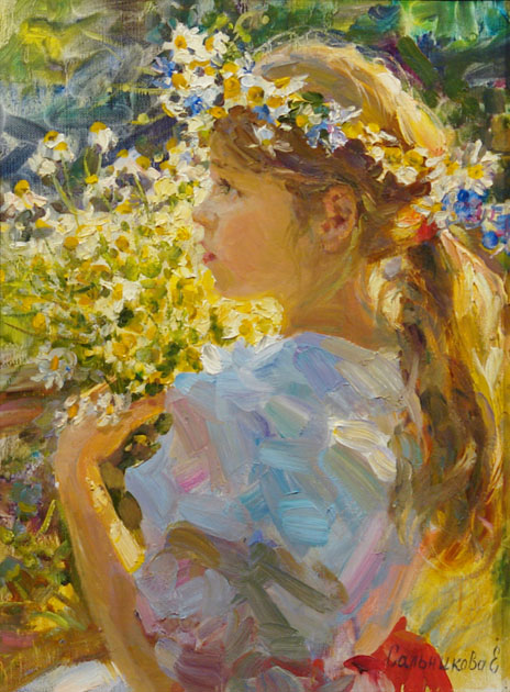 Daisies, Elena Salnikova- painting,summer, girl with bouquet of daisies, impressionism