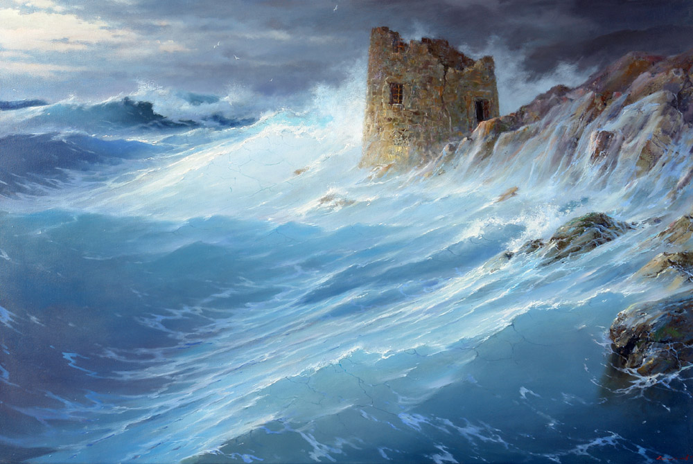 At the old lighthouse, George Dmitriev- painting, blue sea, rocks, storm, seagulls, cloudy sky