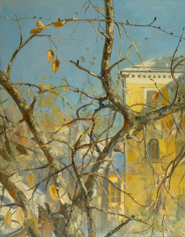 Октябрь, Олег Леонов- картина, осень, листопад, дерево, голубое небо, пейзаж