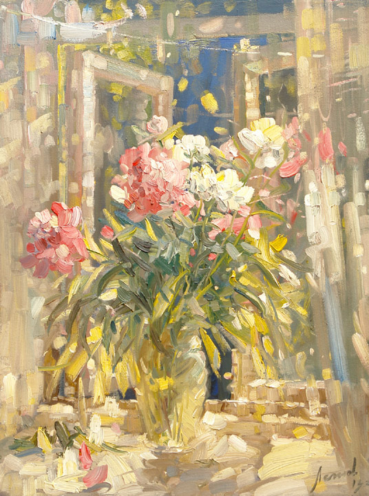 Bouquet. Peonies, Oleg Leonov- painting a bouquet of flowers in a vase,spring,impressionism