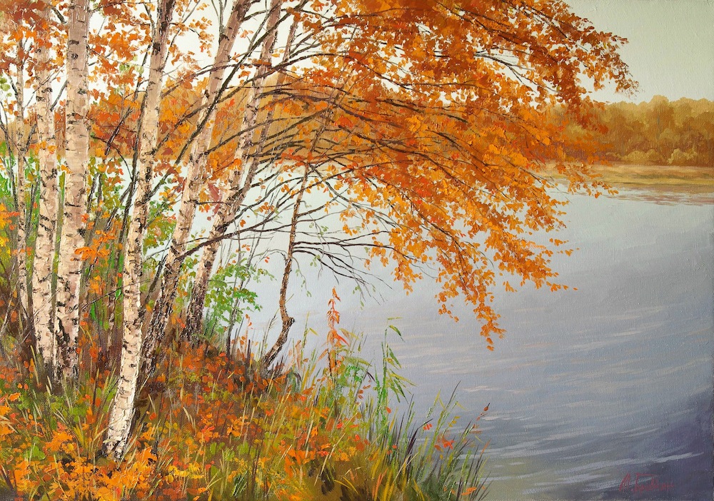 Спокойное настроение, Михаил Бровкин- картина, березки на берегу реки, тишина, осенний пейзаж