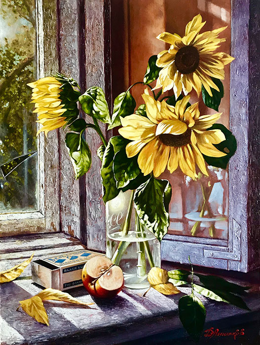 Sunflowers, Dmitri Annenkov- painting hyperrealism, blooming sunflowers in a can, picture
