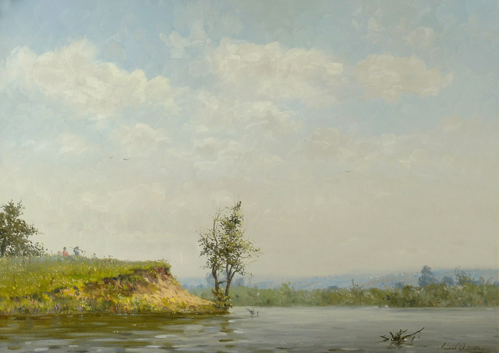 Волжский залив, Олег Леонов- картина, река Волга, лето, голубое небо, облака, пейзаж