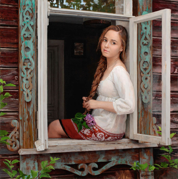Nast'ka. Springtime in grandma's house, Slava Groshev- carved window, wooden house, painting, girl, realism