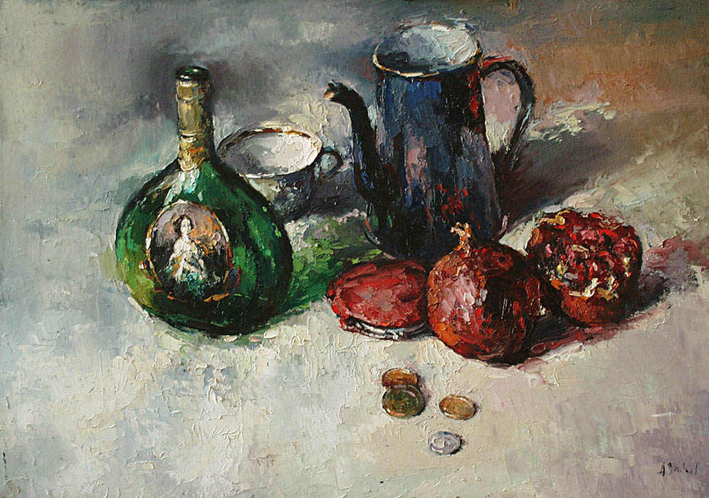 Still-life with the teapot, Alexi Zaitsev- blue tea, green bottle, pomegranates, paintings
