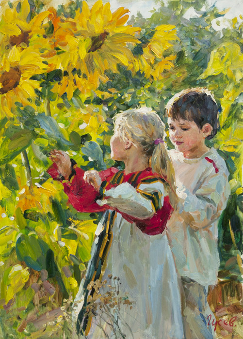 Among sunflowers, Vladimir Gusev- painting, summer, sunflowers field, children, impressionism