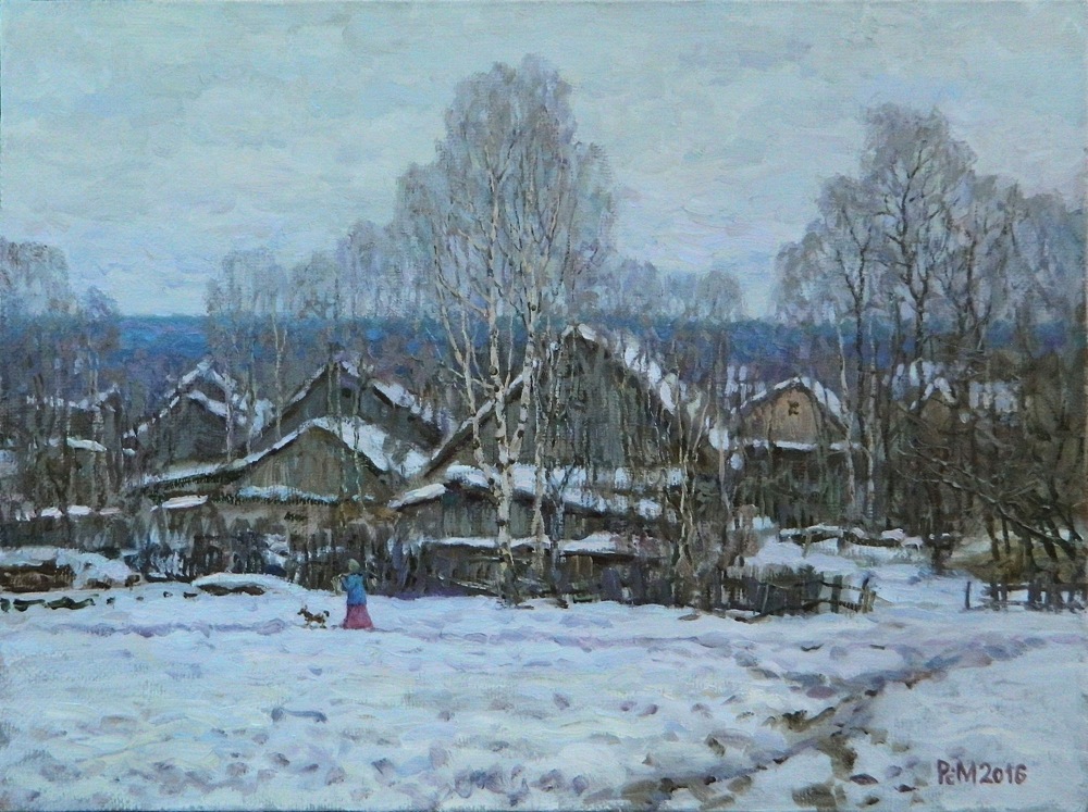 Country landscape, Rem Saifulmulukov- painting, winter, village, snow, birch, realism, landscape
