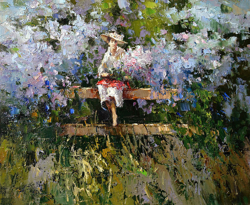 Lilac Garden, Alexi Zaitsev- portrait of girl with flowers, lilacs, impressionism