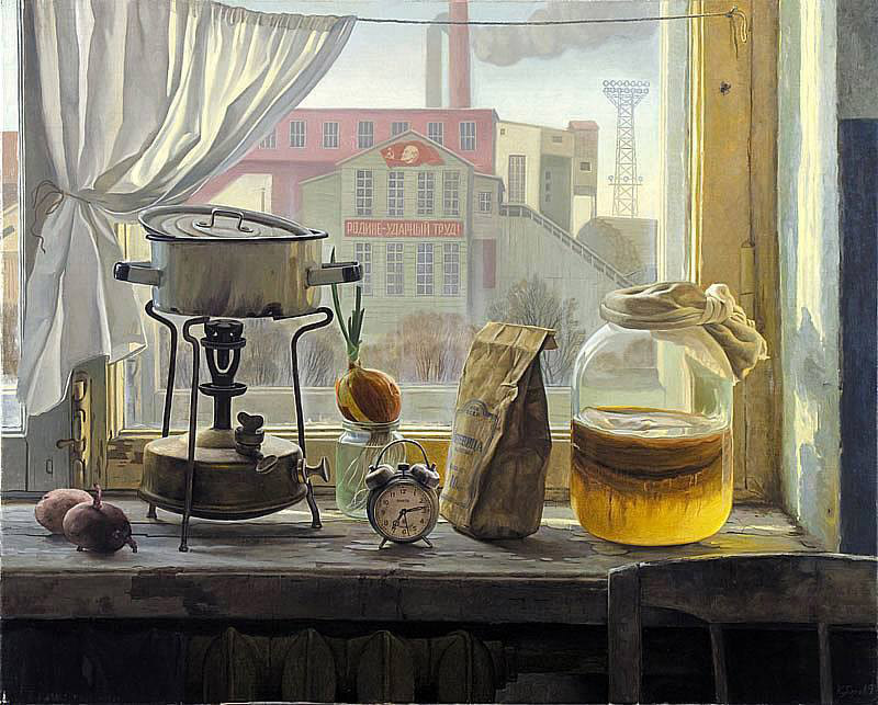 Утро (на заказ), Филипп Кубарев- картина натюрморт, вид из окна на ТЭЦ-1, советская Москва