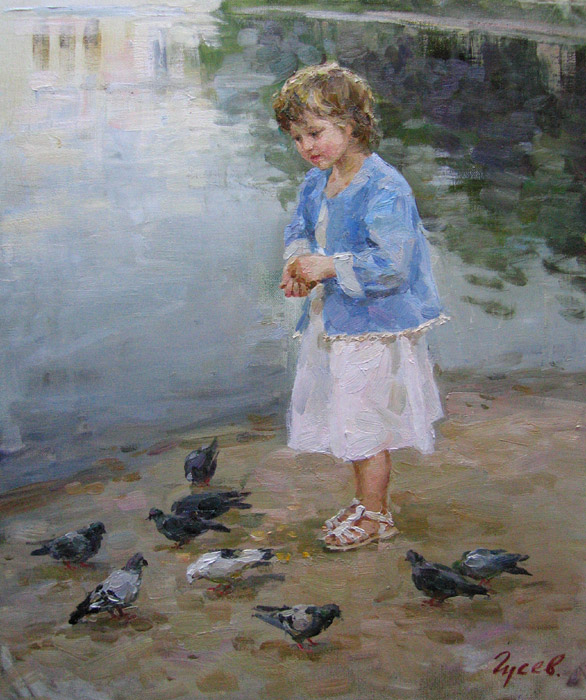 На Чистых прудах. Голуби, Владимир Гусев- картина, пруд, прогулка, девочка и голуби, импрессионизм