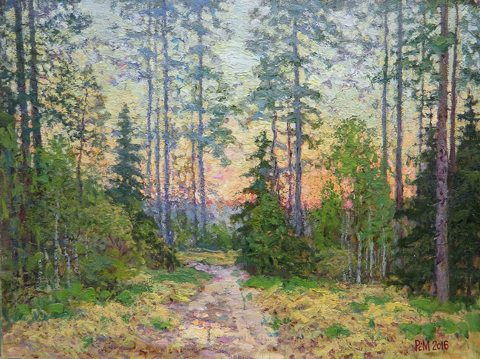The road in the woods, Rem Saifulmulukov- painting, pine forest, summer, country road, landscape