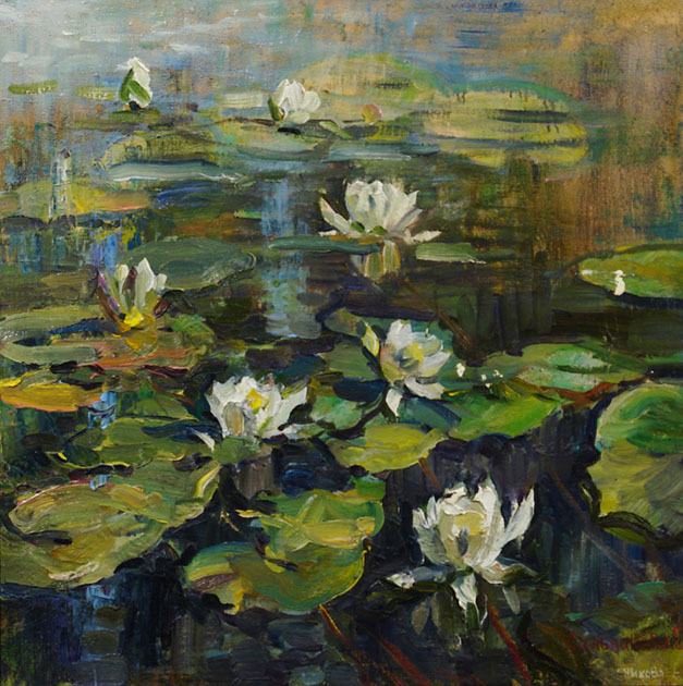 Белые лилии, Елена Сальникова- картина, река, белые кувшинки, лето, импрессионизм