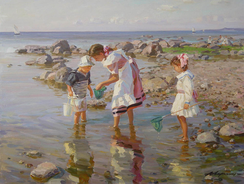 Big catch, Alexandr Averin- painting, beach, children, summer, vacation, impressionism