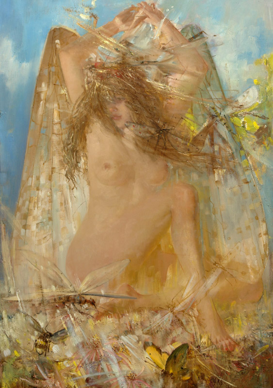 Бабочка, Олег Леонов- картина, обнаженная девушка, ню, бабочки, сюрреализм