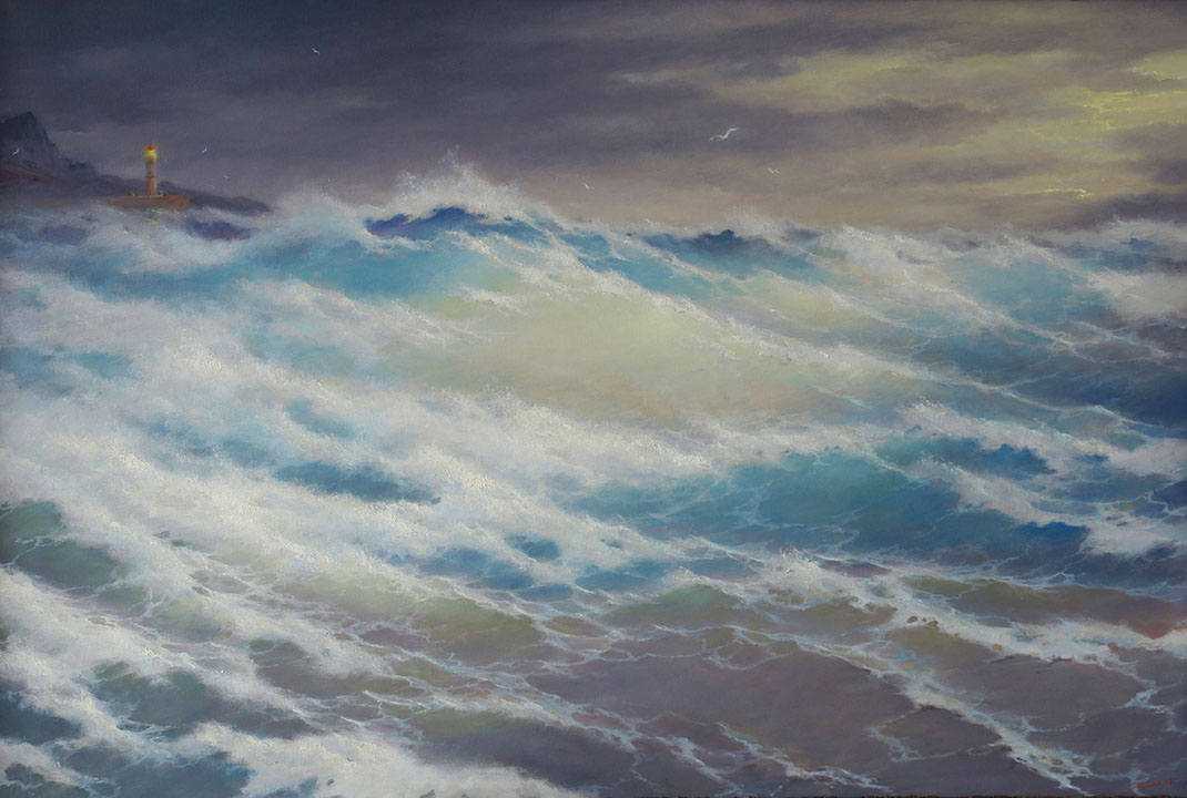 Бурное море, Георгий Дмитриев- морской пейзаж, картина моря, голубые волны, чайки, маяк