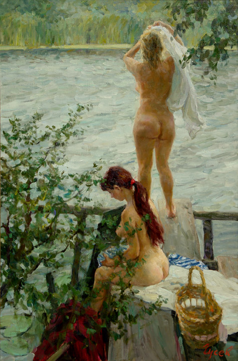 Купальщицы, Владимир Гусев- обнаженные девушки, после купания, картина импрессионизм