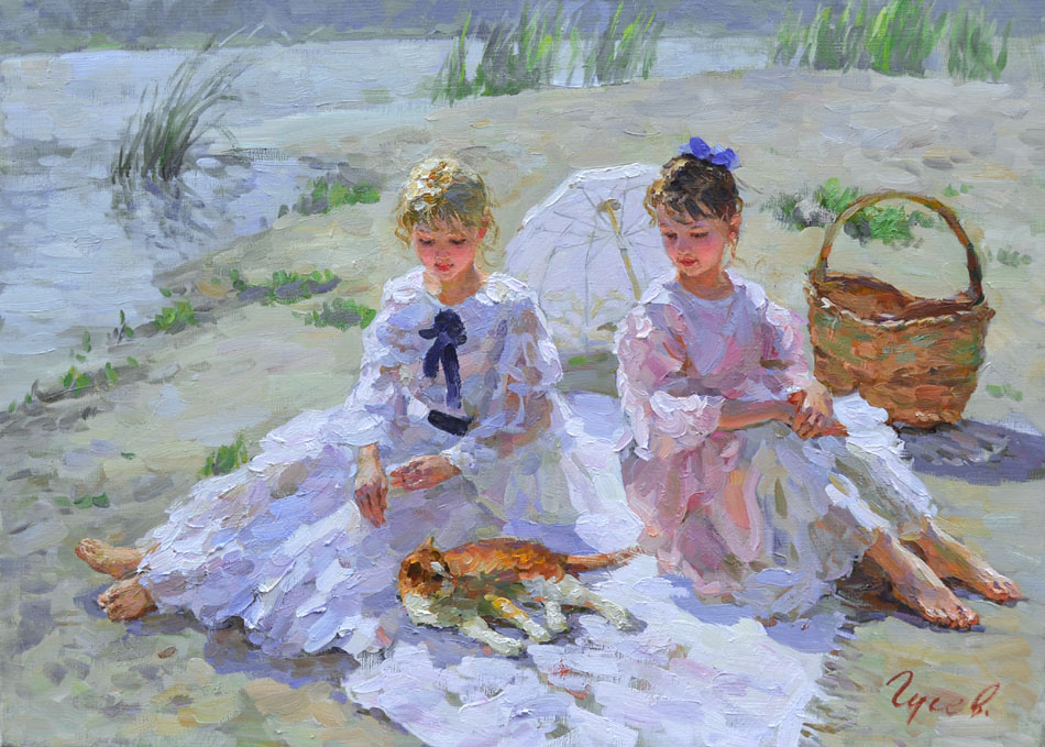 Подружки, Владимир Гусев- картина, девочки, отдых на берегу реки, красивое платье