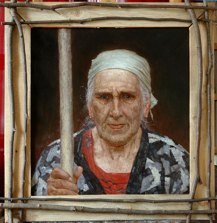 Бабка Галя, Олег Леонов- картина в раме, женский портрет, мужественное лицо, реализм