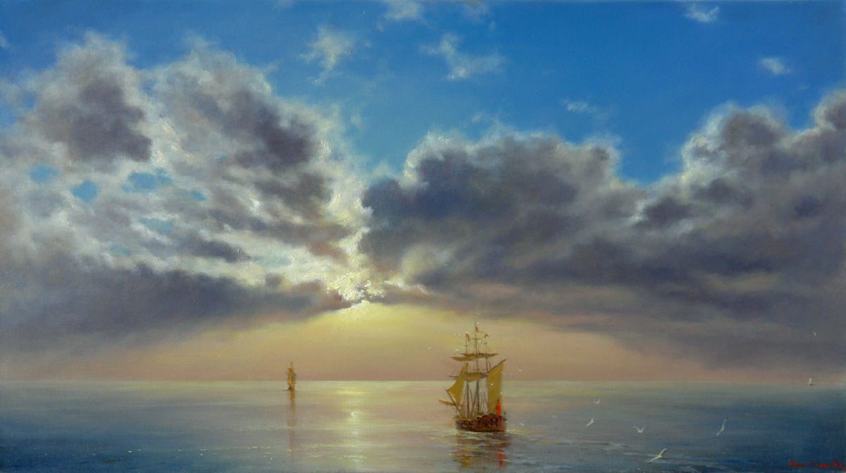 Evening motive, George Dmitriev- painting, sea, ships, sunset, clouds, seagulls, realism