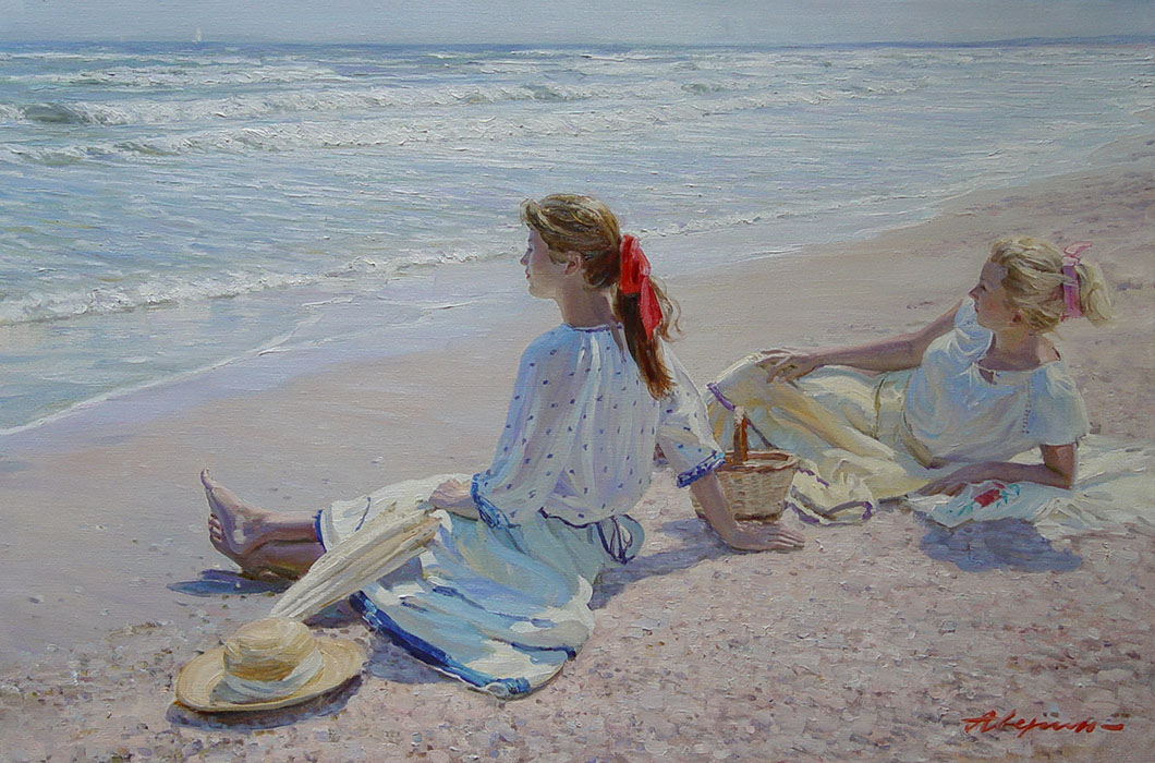 Girls on the shore of Azov, Alexandr Averin- Sea of Azov, the two girls, hat, basket, painting
