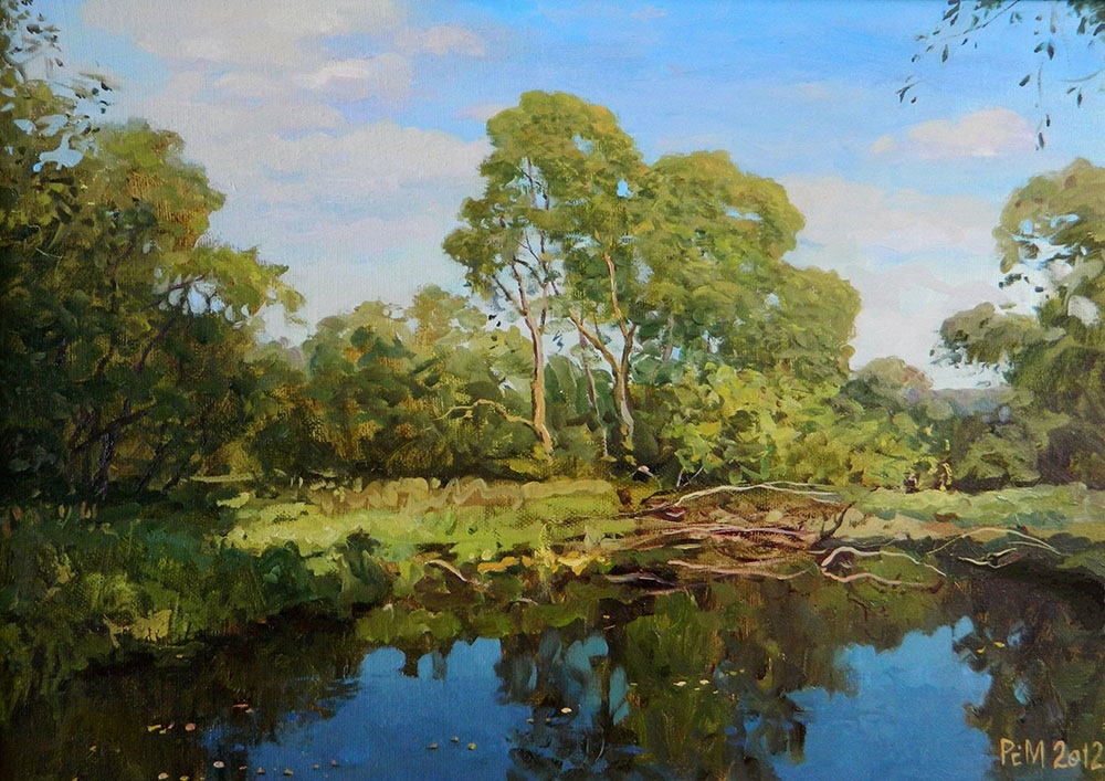 Willows on the water, Rem Saifulmulukov- painting, summer, forest, river, Russian nature, realism