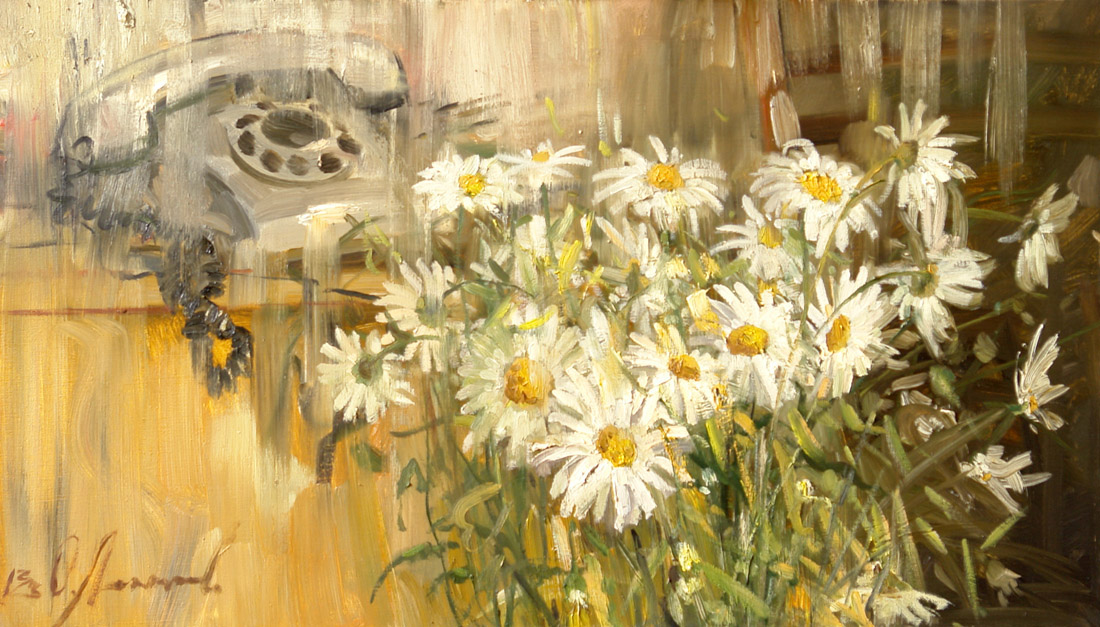 Call me, call me..., Oleg Leonov- painting, bouquet of daisies, waiting, phone call