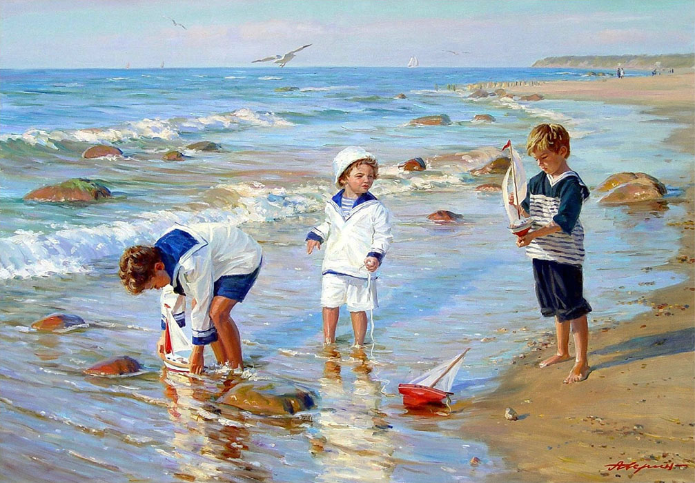 Young sailors, Alexandr Averin- three boys in sailor suits, boats, painting children's theme