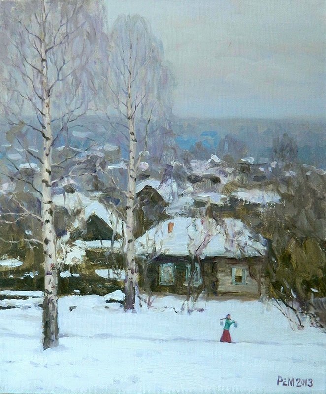 February, Rem Saifulmulukov- painting, winter day, village, snow, birches, landscape